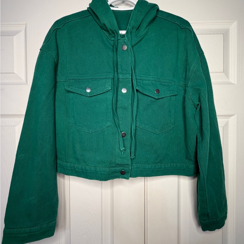 Denim Jacket Green Cropped with a Hood
